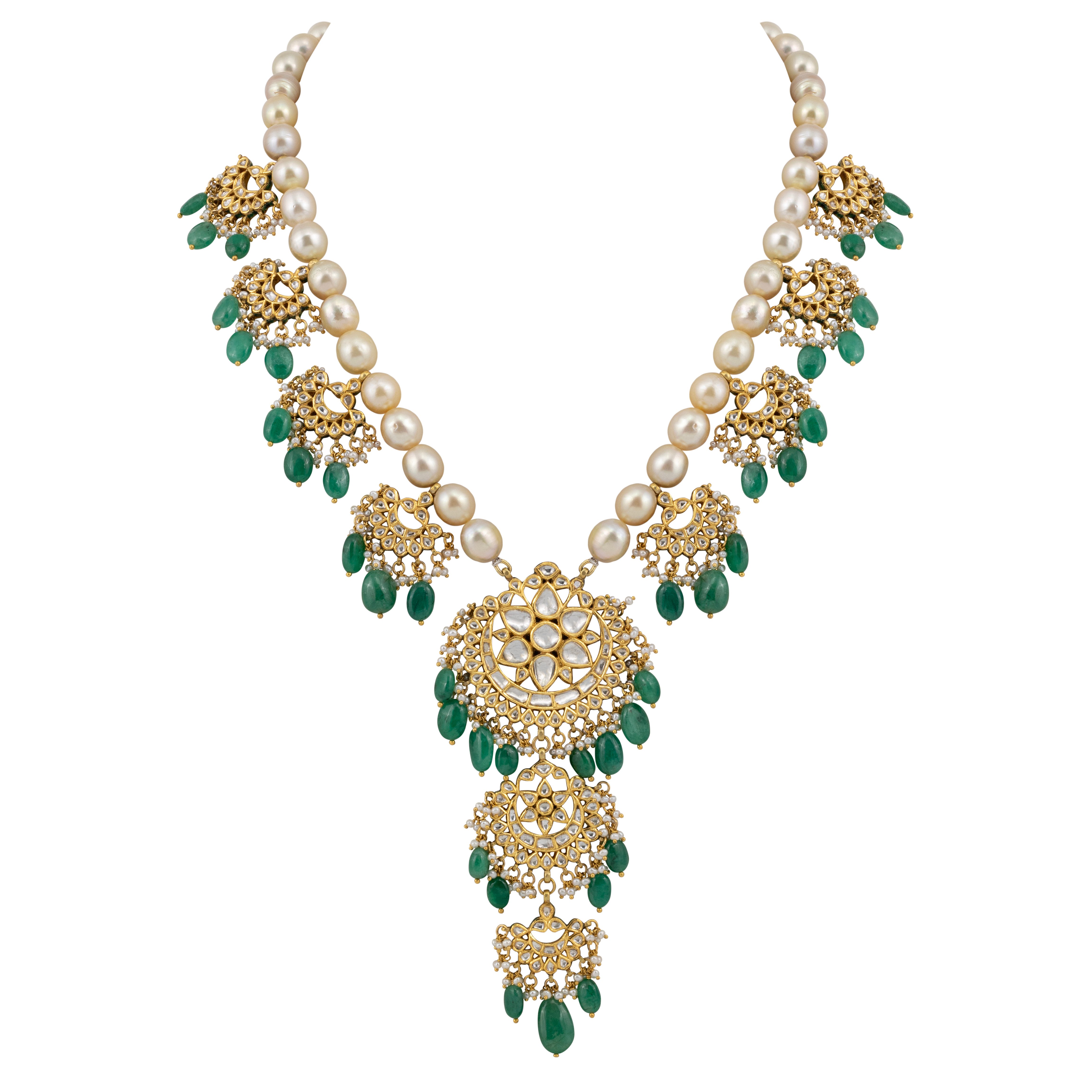 Pearl Chandbali Necklace with Emerald Drops